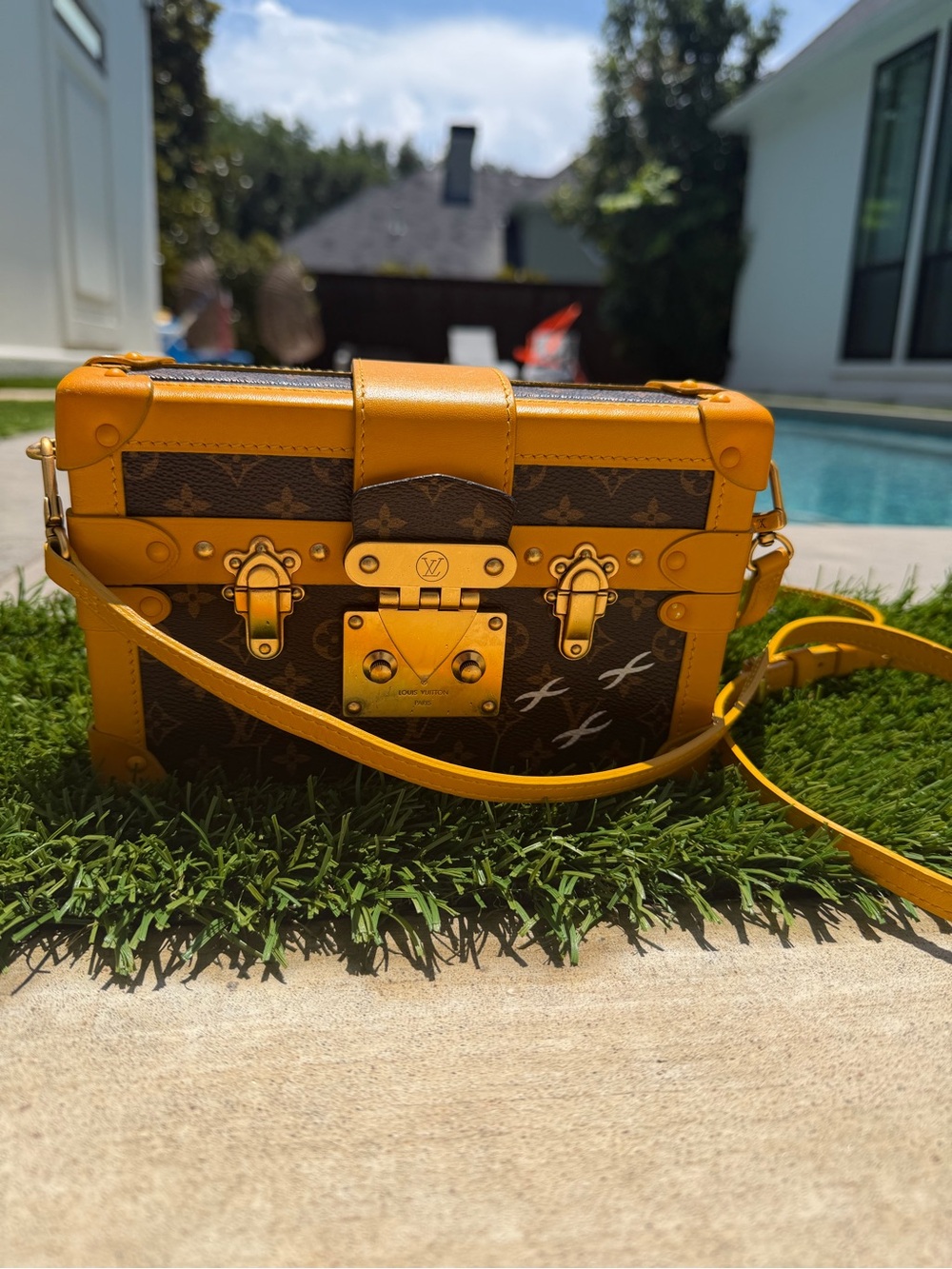 Louis Vuitton Brown Monogram with Yellow Trim Petite Malle Crossbody